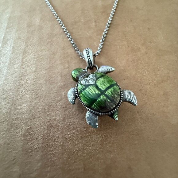 RARE Brighton Turtle Pendant Necklace Green Crystals Silver Plated Chain Adjust. - Picture 11 of 11